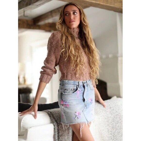 NWT FREE PEOPLE X RIALTO JEAN PROJECT Sz 30 PAINTED CHARLOTTE DENIM MINI SKIRT